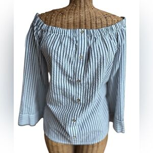 Michael Kors White Black  Striped Off Shoulders 3/4 Sleeve Blouse Medium NWOT
